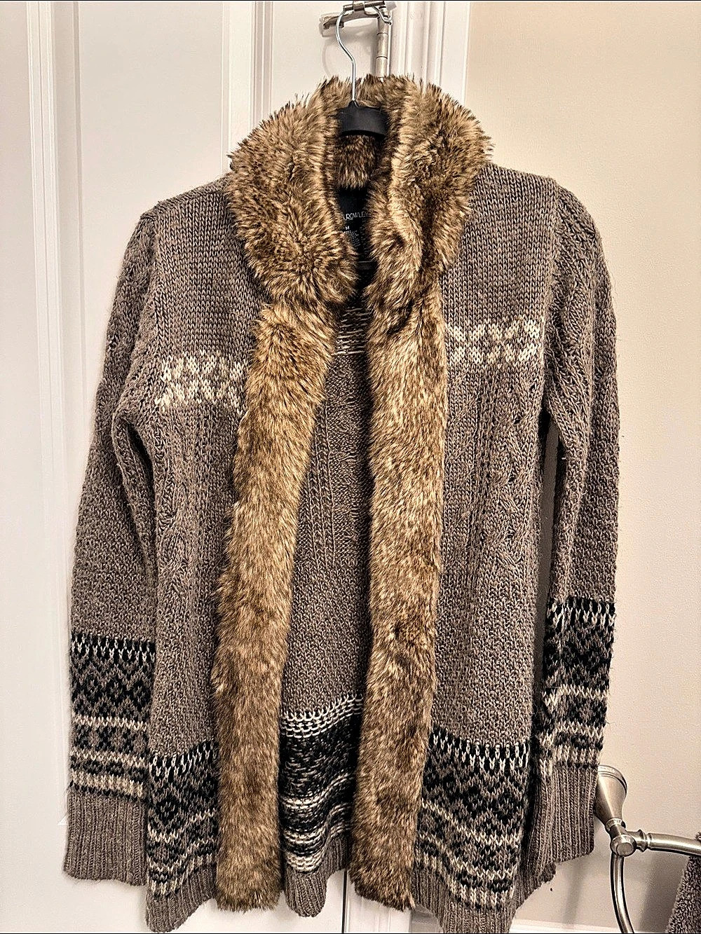 Cynthia Rowley Fair Isle Faux Fur Collar Cardigan Brown Medium